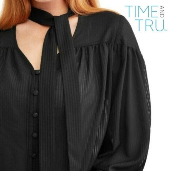 TIME AND TRU Women's Tie Neck‎ Button Down Top Long Sleeve V Neck Blouse - Picture 4 of 9